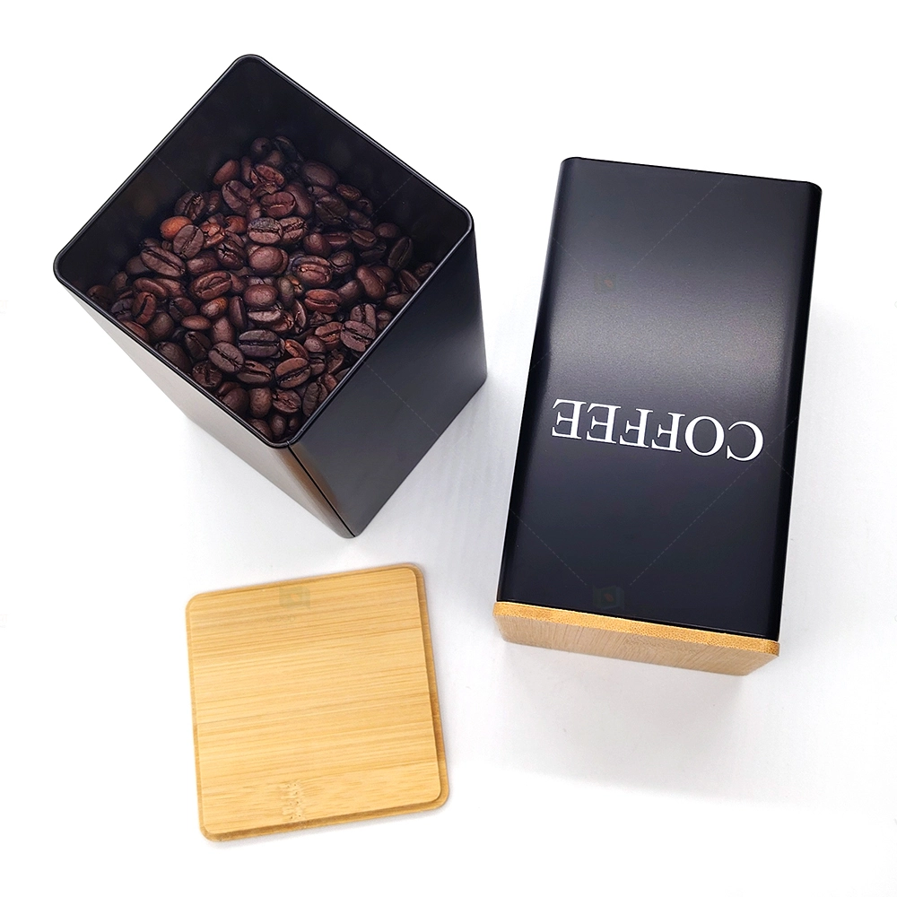 OEM Großhandel Lebensmittelqualität Kaffeebohnen Blechdose Behälter 150*85*85mm Metall Keks Geschenk Blechdose Verpackung mit Holzdeckel 1