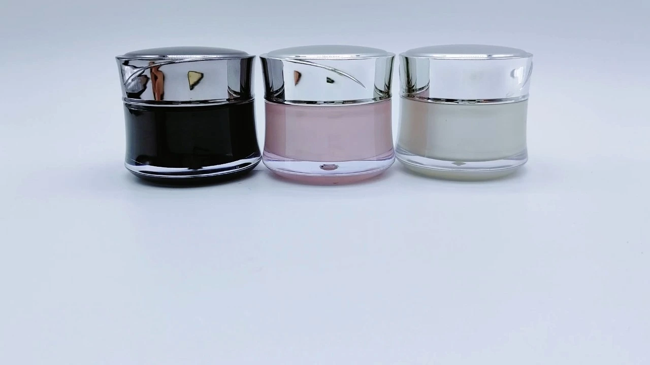 Glamorosos frascos para crema de acrílico de doble pared de 30 g en tonos rosa, blanco perla y negro. 1