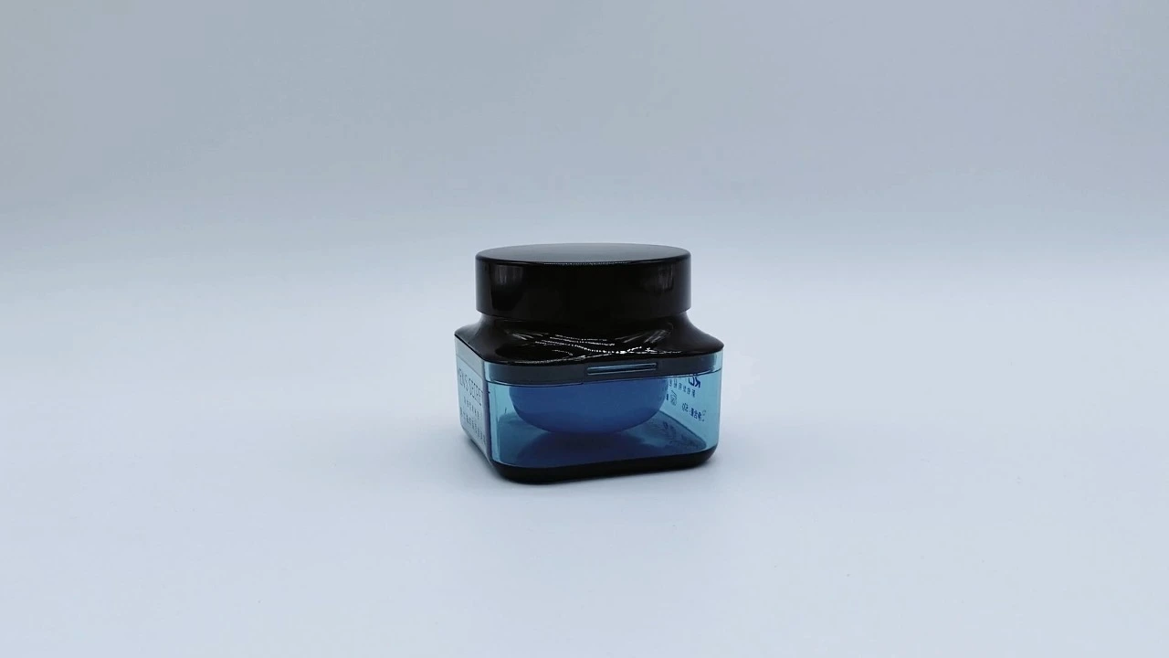 Glamorosos tarros cuadrados para crema de 50 g, de PET/PE, de doble pared, transparentes y azules. 1