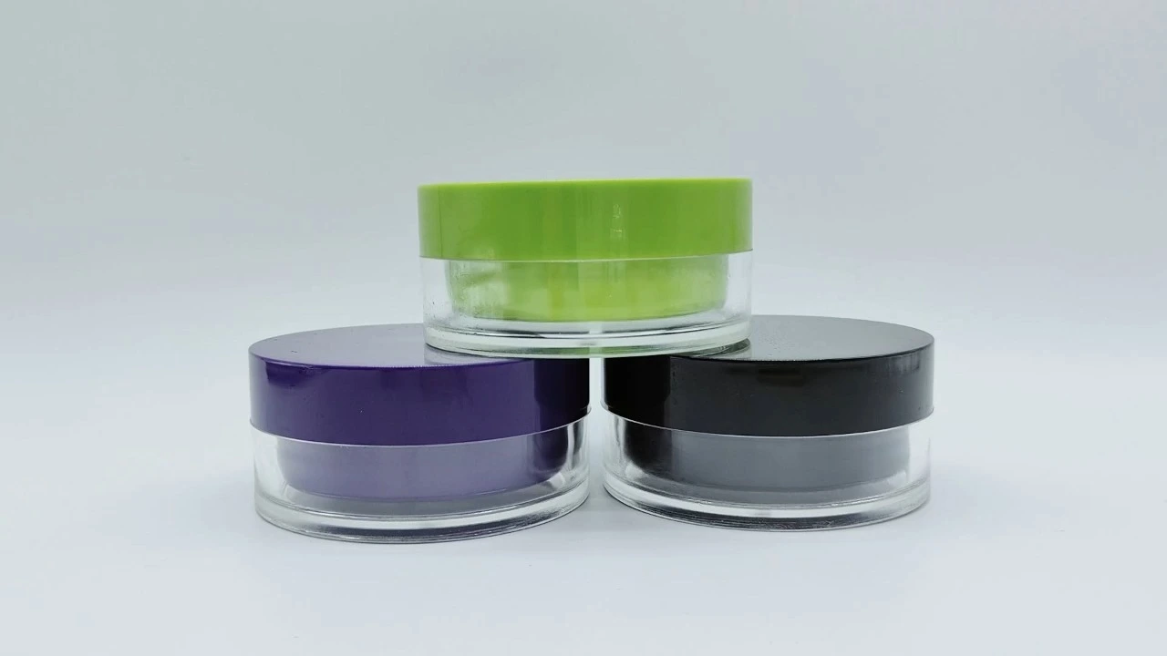 Glamoroso tarro plano y redondo para crema de acrílico de doble pared, de 100 g, en verde, negro y morado. 1