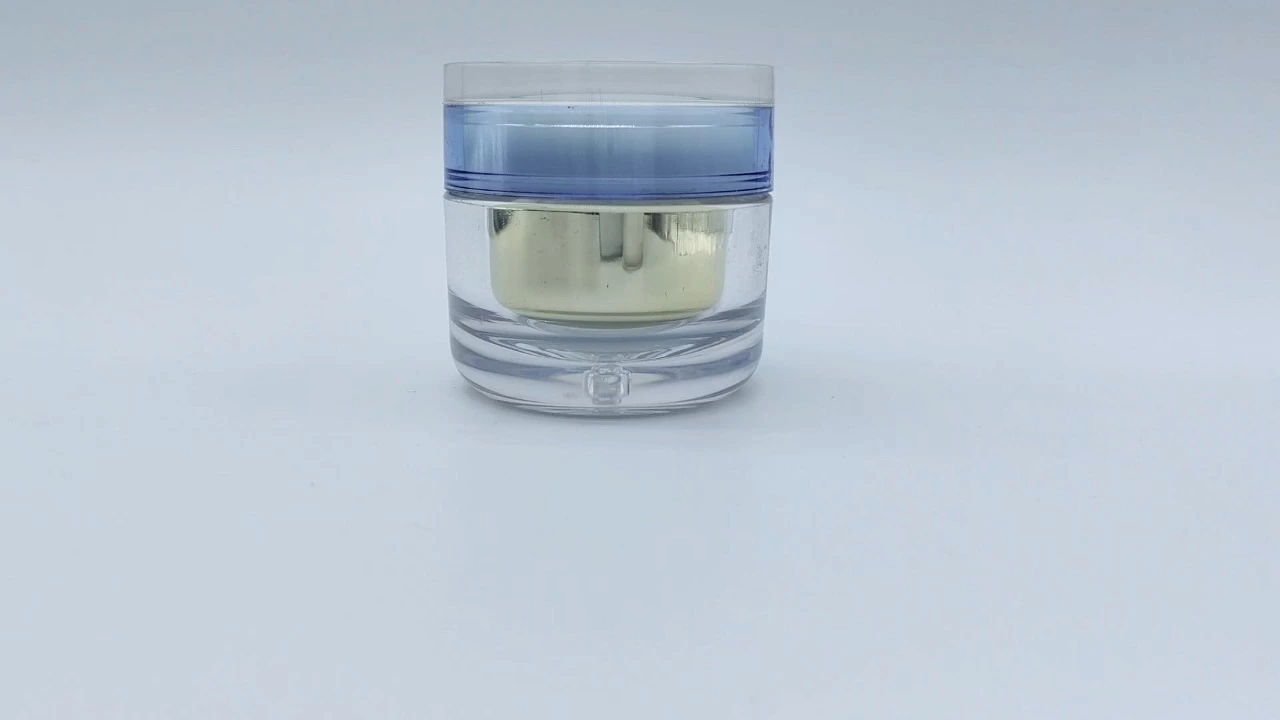 Glamoroso tarro de crema cilíndrico de doble pared de acrílico transparente dorado de lujo de 50 g 1