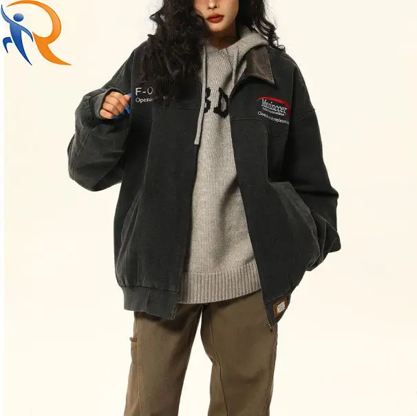 American vintage washed old overalls jacket unisex spring fall lapel embroidered couple jacket 1