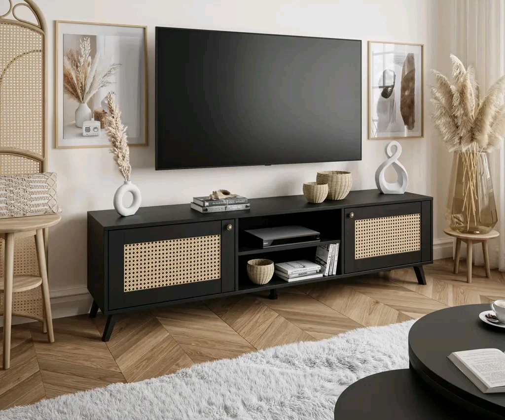 Wood Rattan TV Stand Black 180 x 40 x 49 cm 1