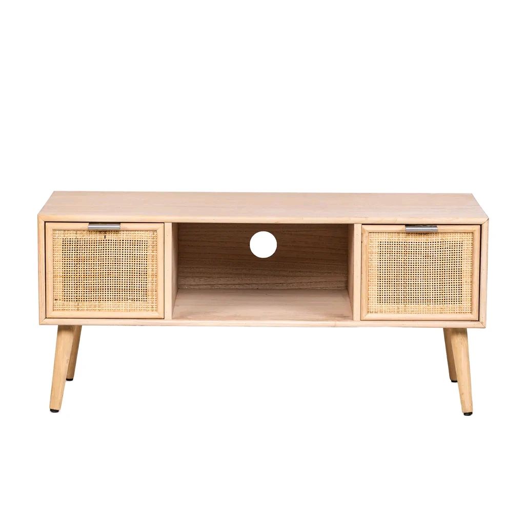Meuble TV en rotin et bois massif avec 2 tiroirs 100 x 42 x 45 cm 1