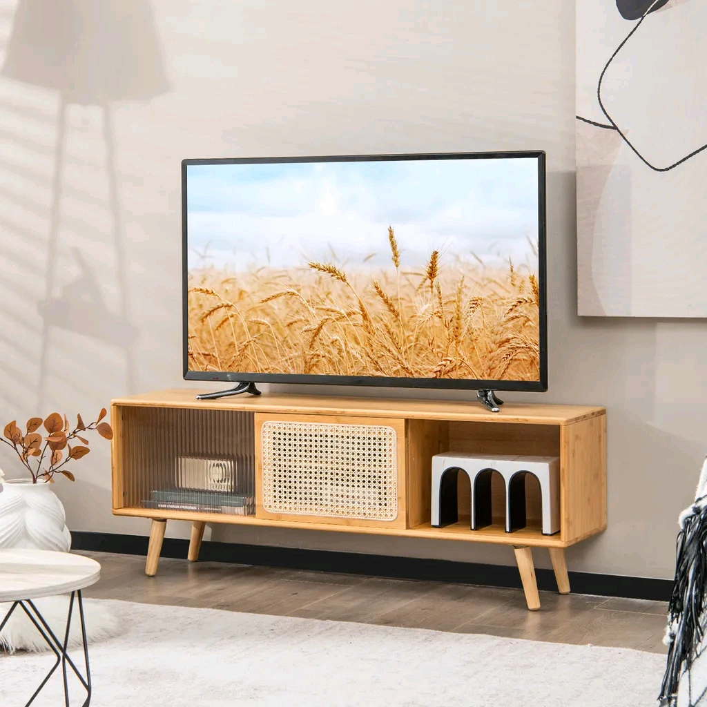 Mueble de TV de ratán de madera maciza para organización de sala de estar, mueble bajo de TV con 2 puertas correderas 1