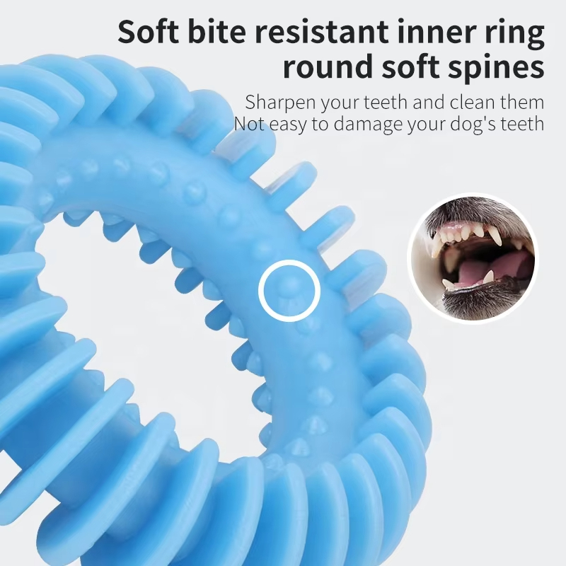 Blue-Durable Natural Rubber Hexagon Dog Ring Toy Dog Teeth Cleaning Toy Rubber Pet Toy 1