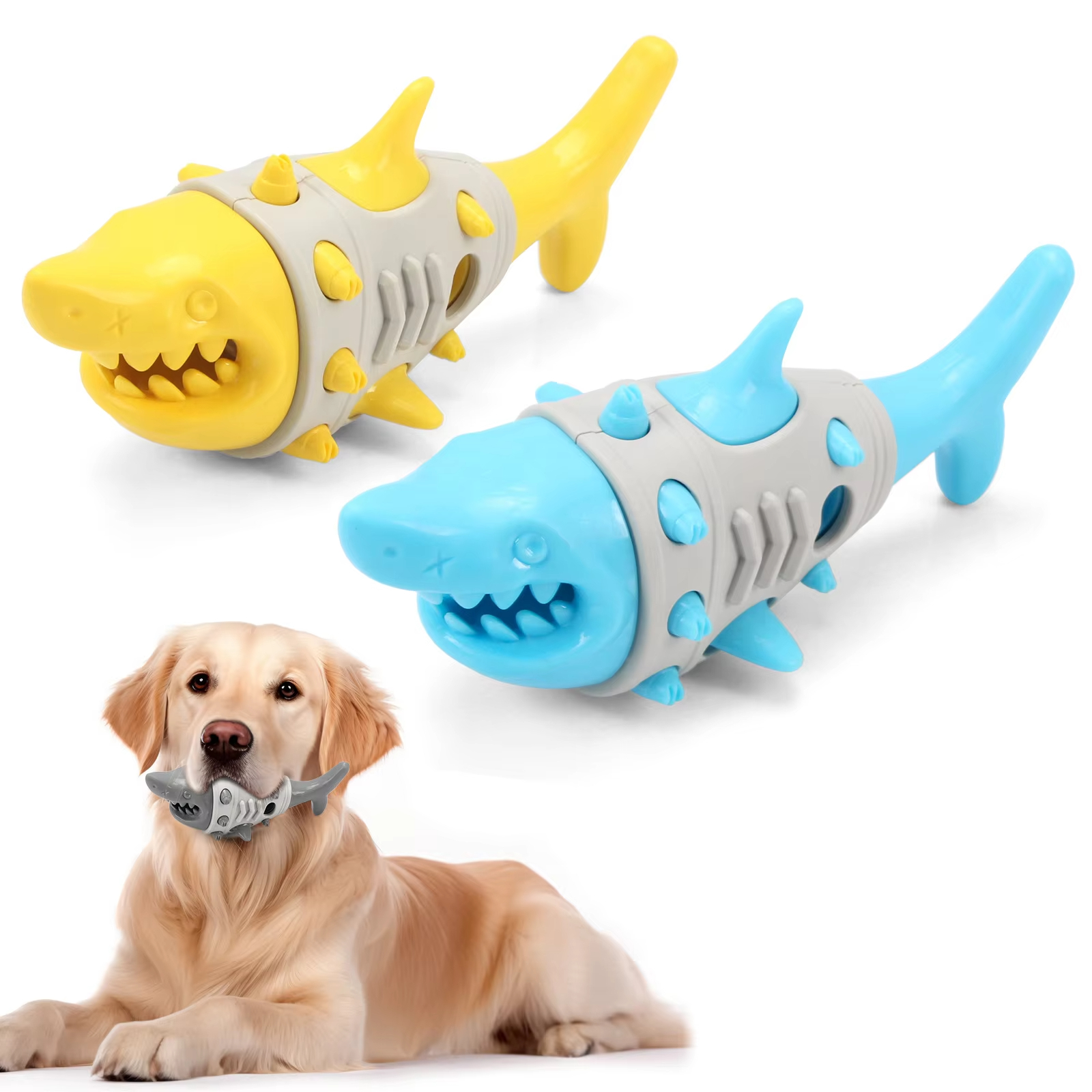 Yellow-Large Eco-Friendly Dog Toys Bite-Resistant Silicone Sustainable TPR Chewing Ball Modern Shark Design Interactive Playing Cloth 1