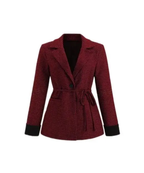 Women's Burgundy Check Blazer for Professional Attire 1