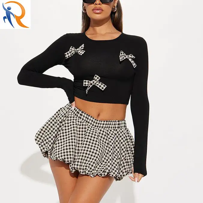 Women's plaid bow decorated top color contrast flower skirt set 1