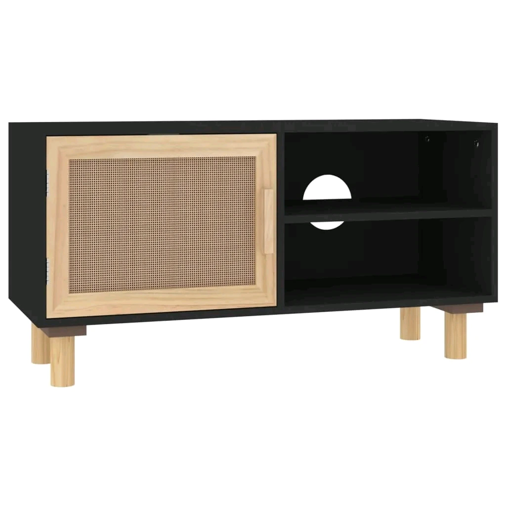 Meuble TV en bois rotin noir 80x30x40 cm MDF 1