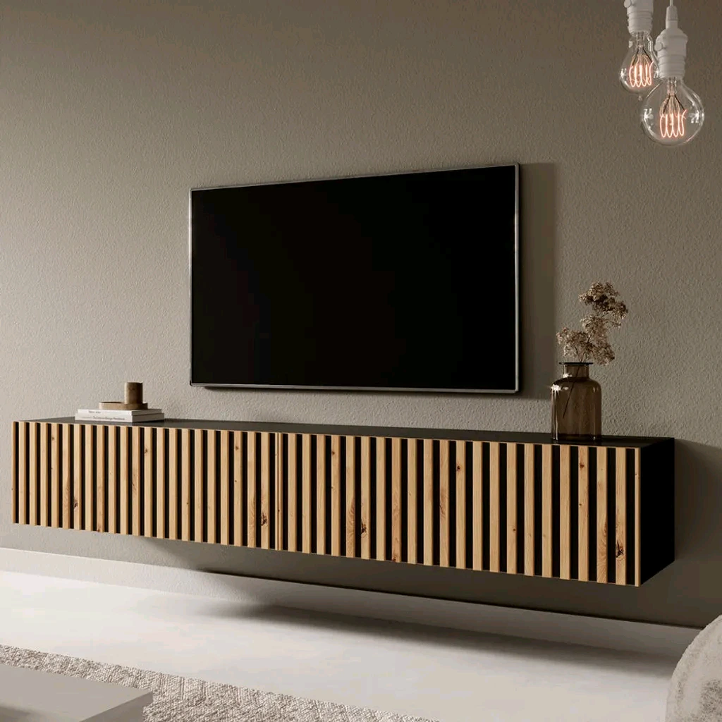 Meuble TV mural en bois avec inserts noirs 175 x 31,6 x 30 cm 1