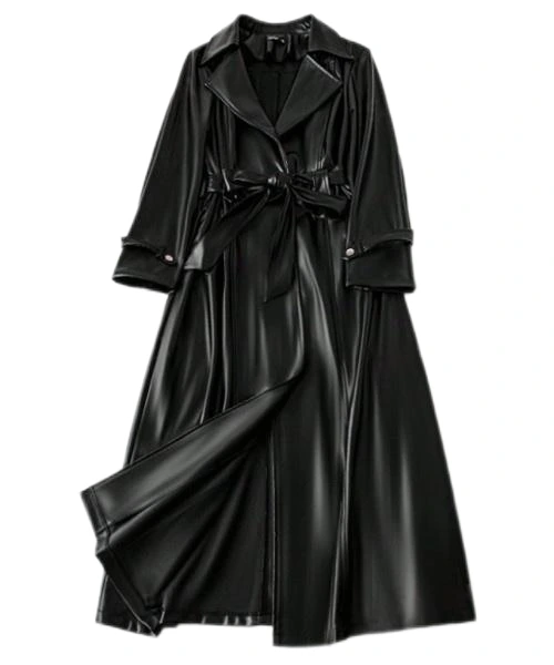 Women's Black Leather Trench Coat 1