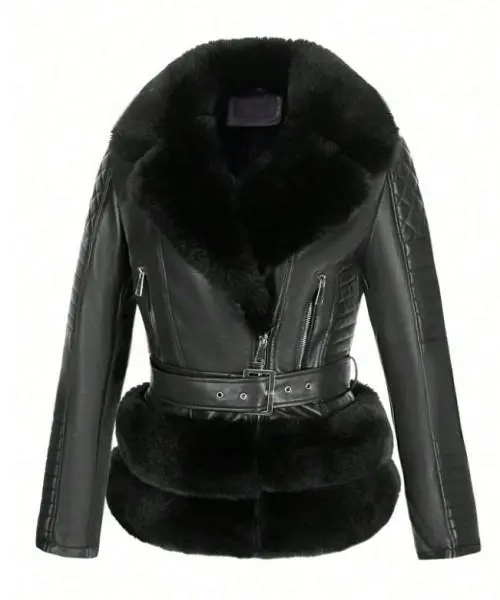 Women's Faux Leather Coat with Black Velvet Accents 1