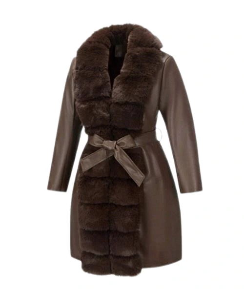 Women's Brown Faux Leather Coat with Velvet Detailing 1