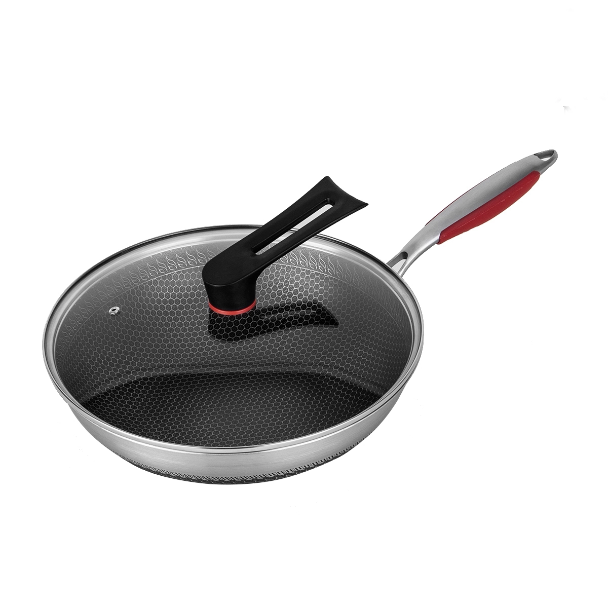 Food Safe Non-reactive Stainless Steel Wok Micro-carved Honeycomb 316SS Frying Pan With Standing Lid Cooking Pot 1