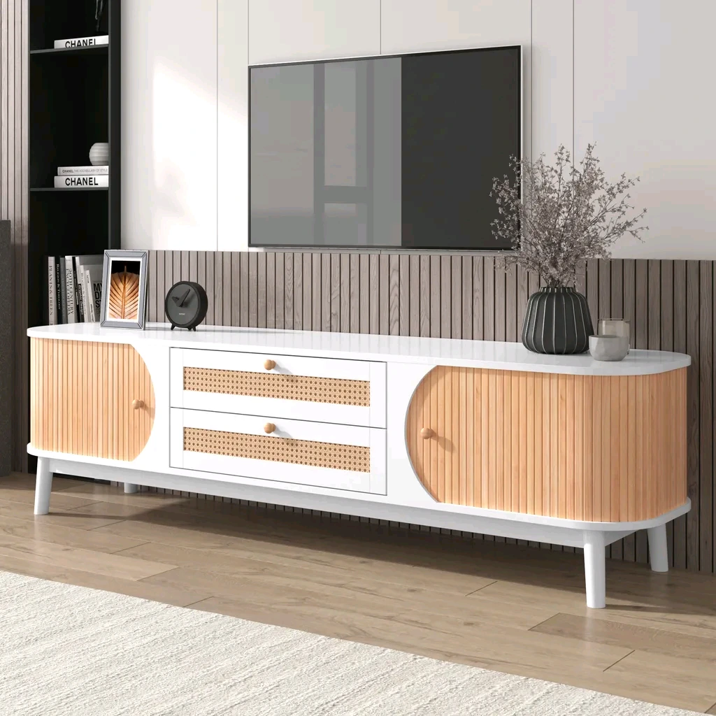 Meuble TV en bois avec 2 tiroirs et 2 portes coulissantes cintrées, Lowboard avec tissage en rotin 1