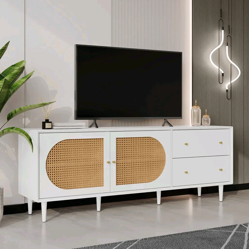 Meuble TV 180 cm avec tiroirs, meuble bas brillant avec design en rotin, blanc 1