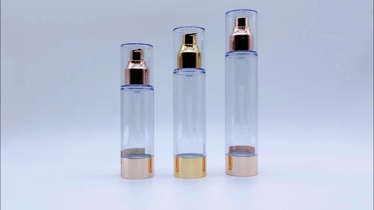 Glamorosas botellas airless de acrílico transparente con tiras decorativas doradas de 80 ml/100 ml/120 ml para loción 1