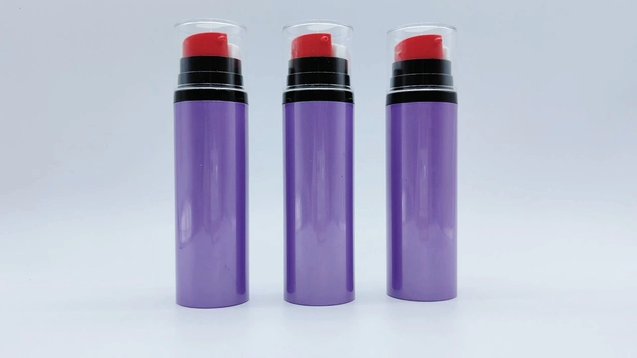 Glamorosas botellas de loción acrílica morada de 50 ml, botellas sin aire con bomba de doble cabezal 1