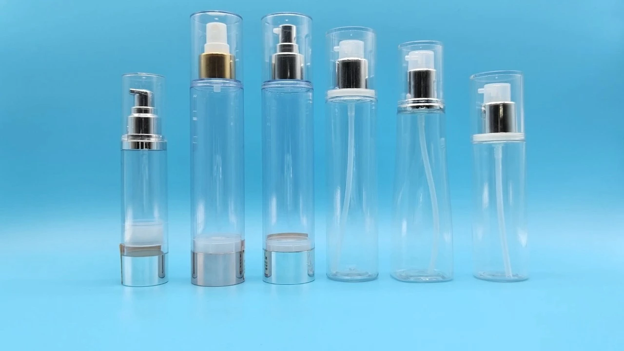 Glamorous colorless transparent PET lotion bottles with aluminum-plastic airless pump 1