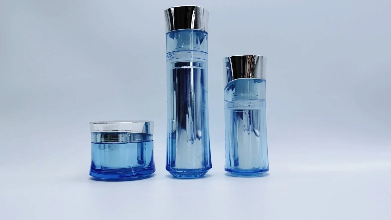 Glamorous 50ml/100ml blue transparent acrylic double-wall lotion cream bottle jar set 1