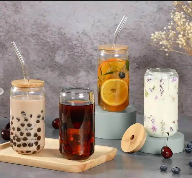 Fast Custom 16oz Libbey Glass Can with Bamboo Lid and Straw Beer Can Beer Glasses Soda Cups with Lid and Straw 1