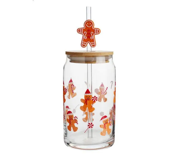 Toptan Özel Baskı Noel Zencefilli Kurabiye Adam 16 oz 20 oz Bambu Kapaklı ve Samanlı Züccaciye Cam Can Tumbler Bardaklar 1