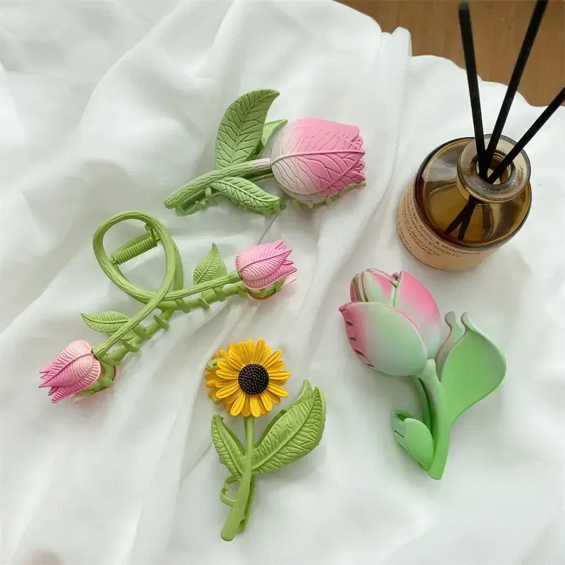 DOWELL Romantic tulip sunflower clip hairpin grab clip female niche design flower metal claw hair clips 1