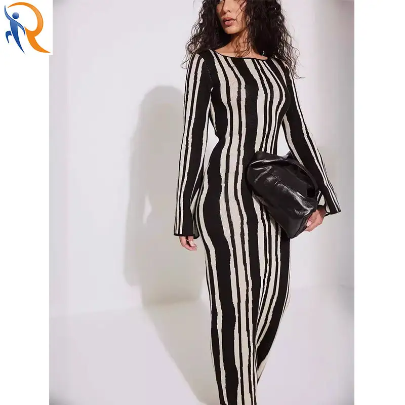 Autumn and winter new women's fashion knitted black and white long sleeve dress sweater long dress 1