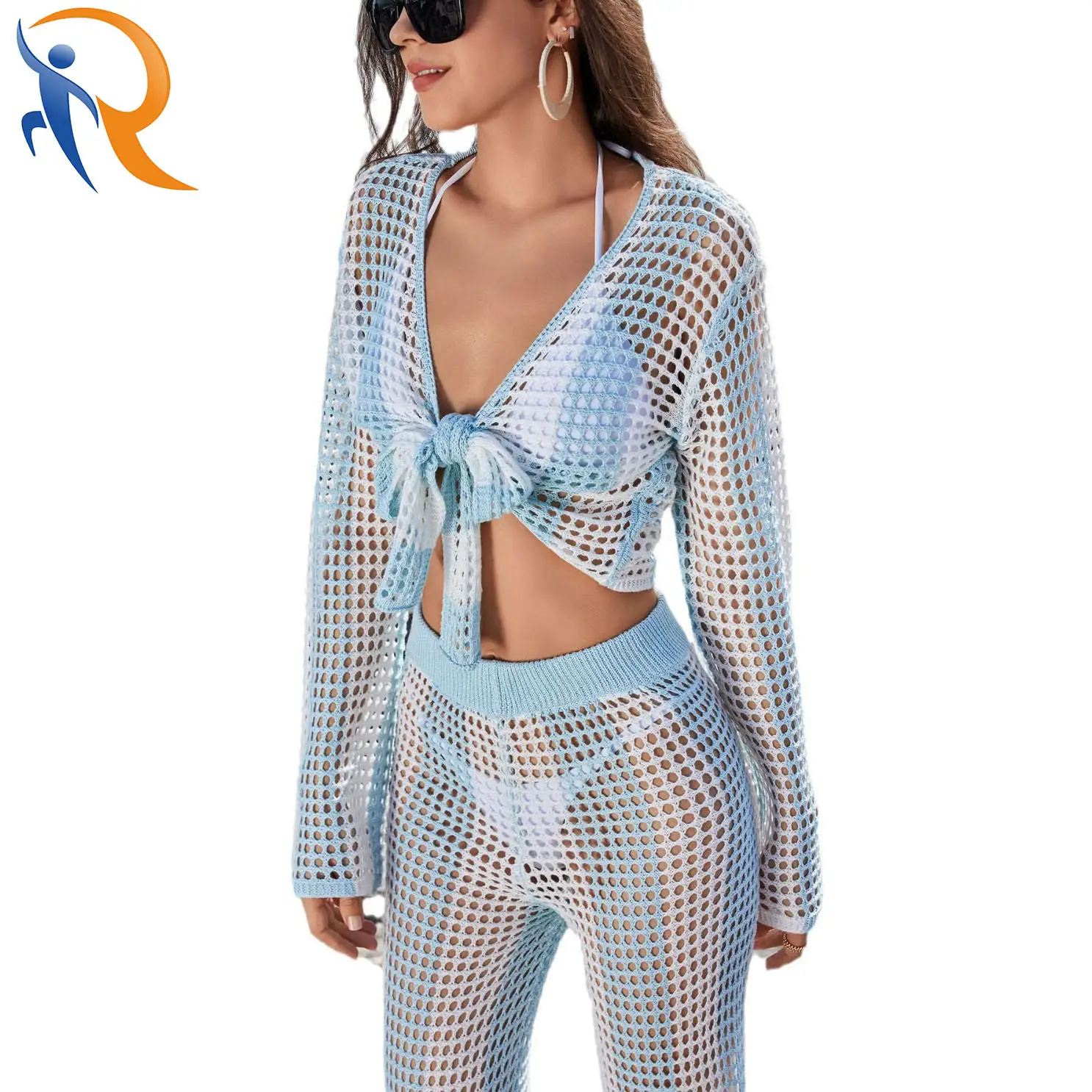New beach women's striped knit beach bikini cover-up sunblock set 1