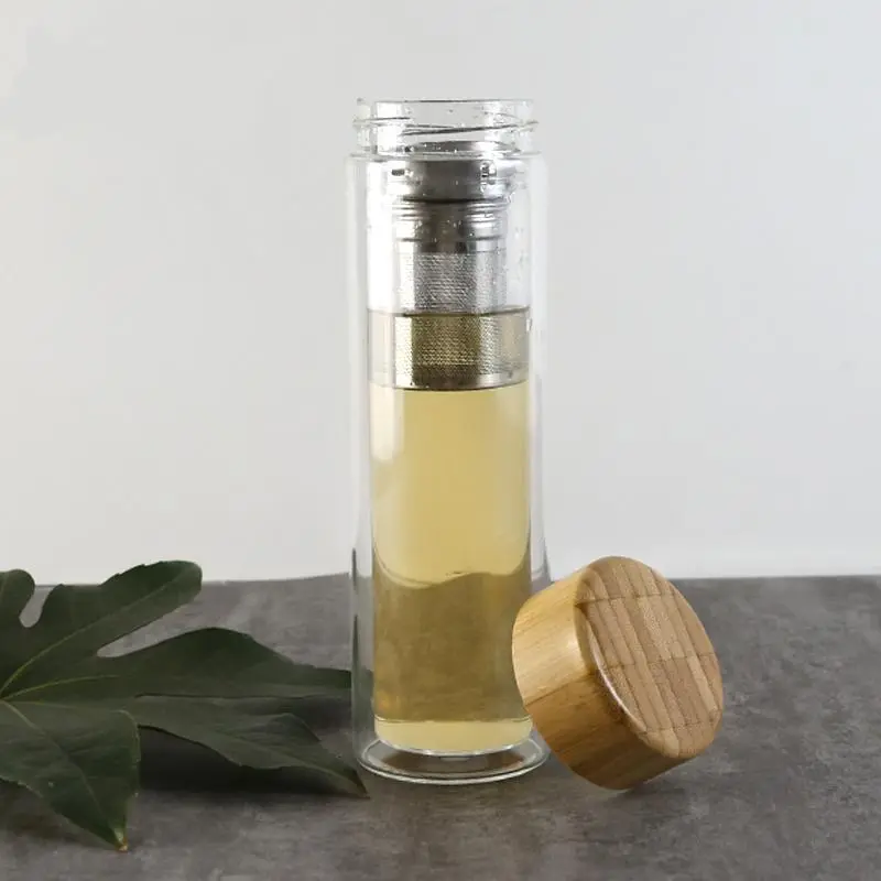 Christmas Gift Insulated Double Wall Glass Tea Carry Water Infuser bottle With Bamboo Lids For Loose Leaf Tea Cup To Go 1