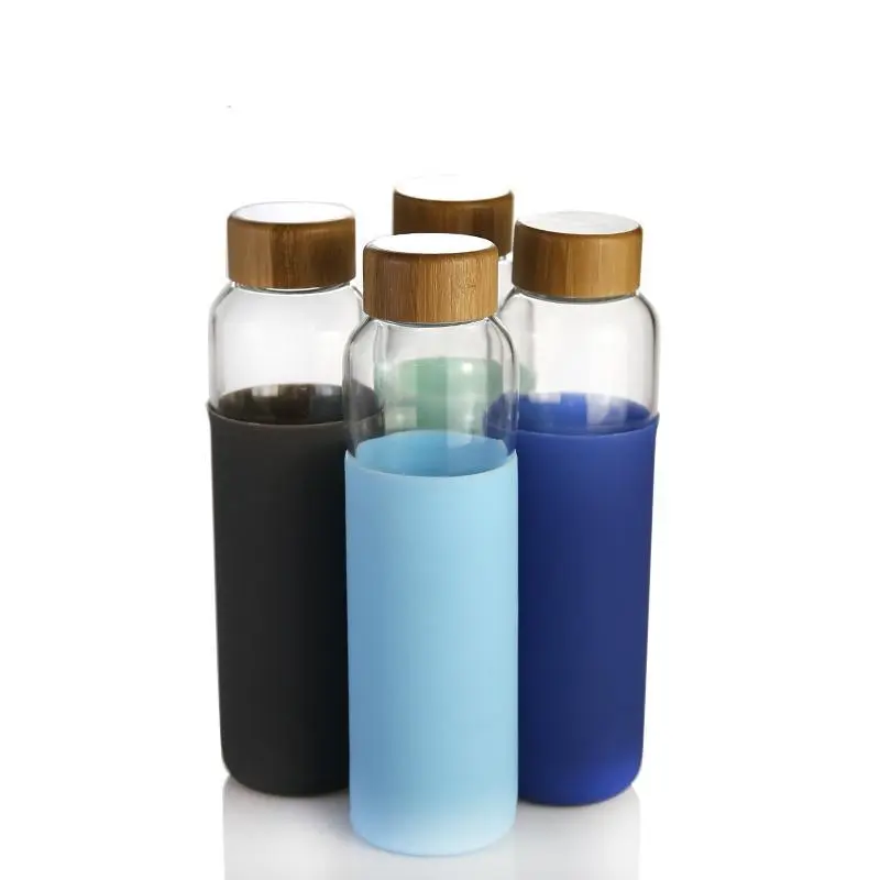 Productos de promociones botella de agua de vidrio colorida con mangas botella de vidrio portátil a prueba de fugas 1