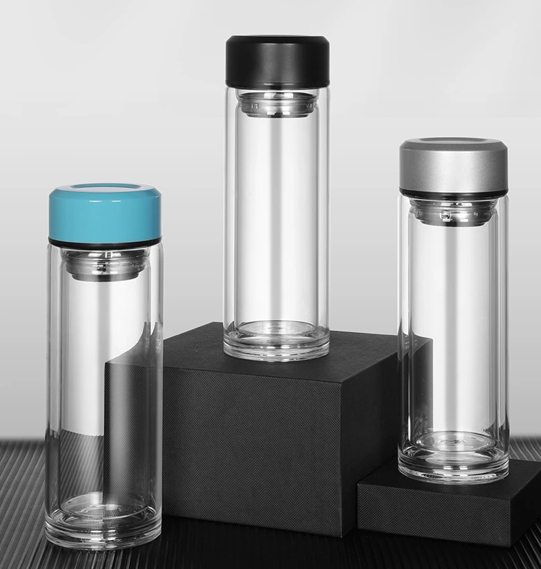 Προσαρμοσμένη ιδιωτική ετικέτα Fruit Infuser Φορητό γυάλινο μπουκάλι νερού με φίλτρο τσαγιού Διπλό τοίχωμα Υψηλό βοριοπυριτικό γυάλινο μπουκάλι τσαγιού 1
