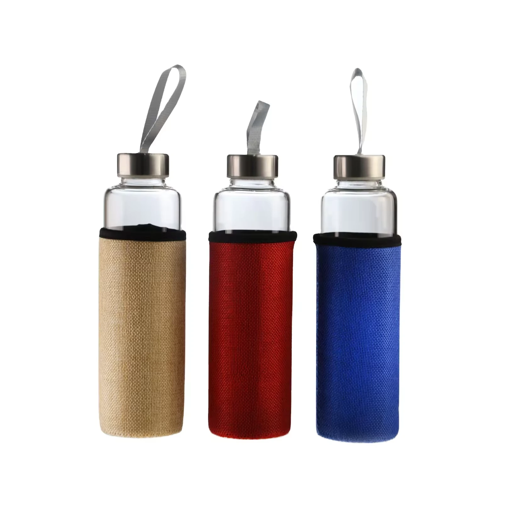 Wiederverwendbare Saftflaschen aus Glas, lose mit Trichter. Quadratische Wasserflasche aus Glas mit Ärmeln und Edelstahldeckeln 1