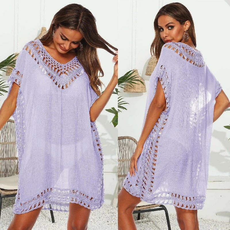 Usine femmes Sexy été couleur unie col en V Crochet mousseline de soie vêtements de plage couvrir robe 1