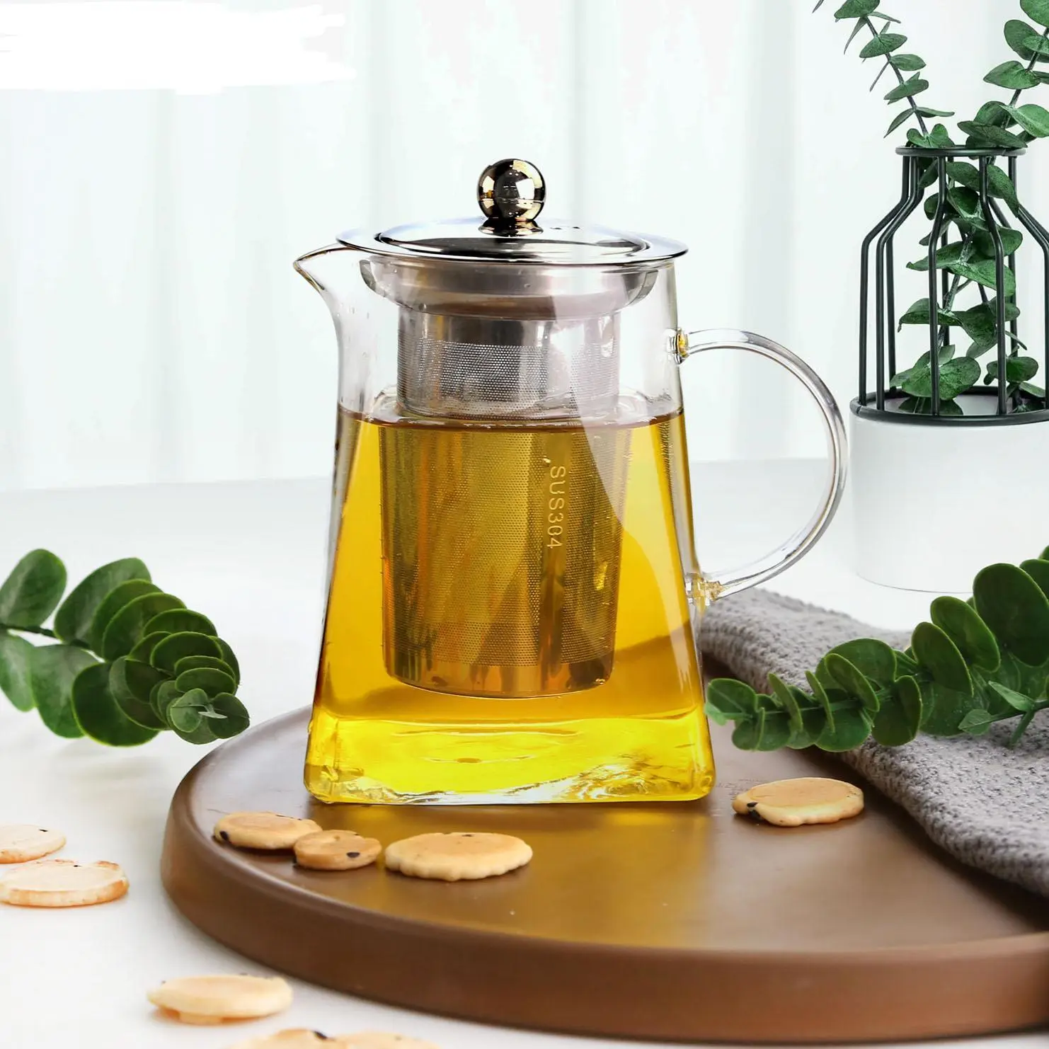 Jarra de té de cristal vendedora caliente del vidrio de borosilicato de Infuser del té de la tetera del juego de té con Infuser desprendible 1