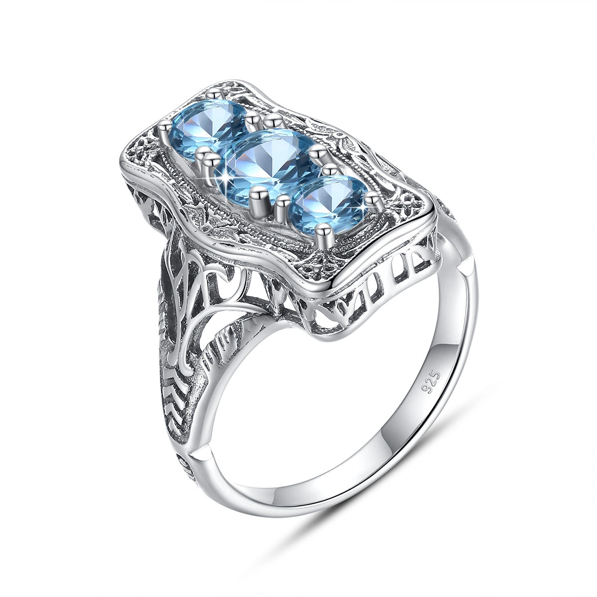 Aquamarine Ring Jewelry Vintage 925 Sterling Silver Exquisite Filigree 1