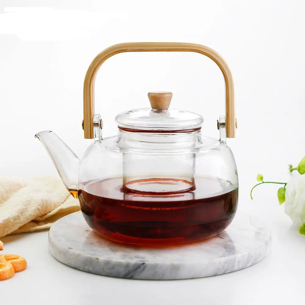 Théière en verre avec manche en bois de 900ml, peut être personnalisé, LOGO chauffant, pichet en verre, pichet d'infusion de fruits 1