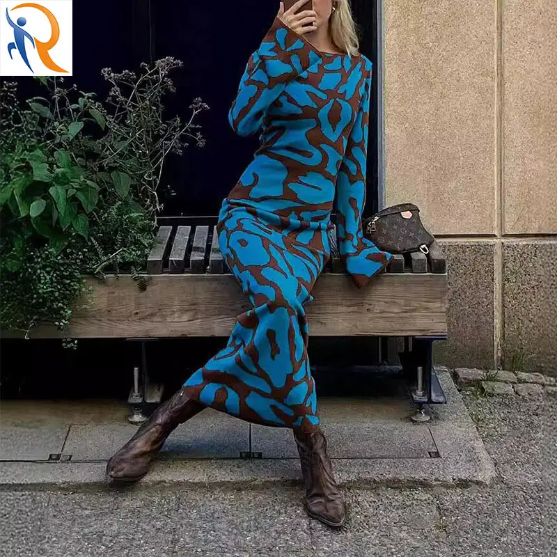 Womens Fashion Jacquard Long Dress Slim-fitting knit Fleece for Warmth Dress 1