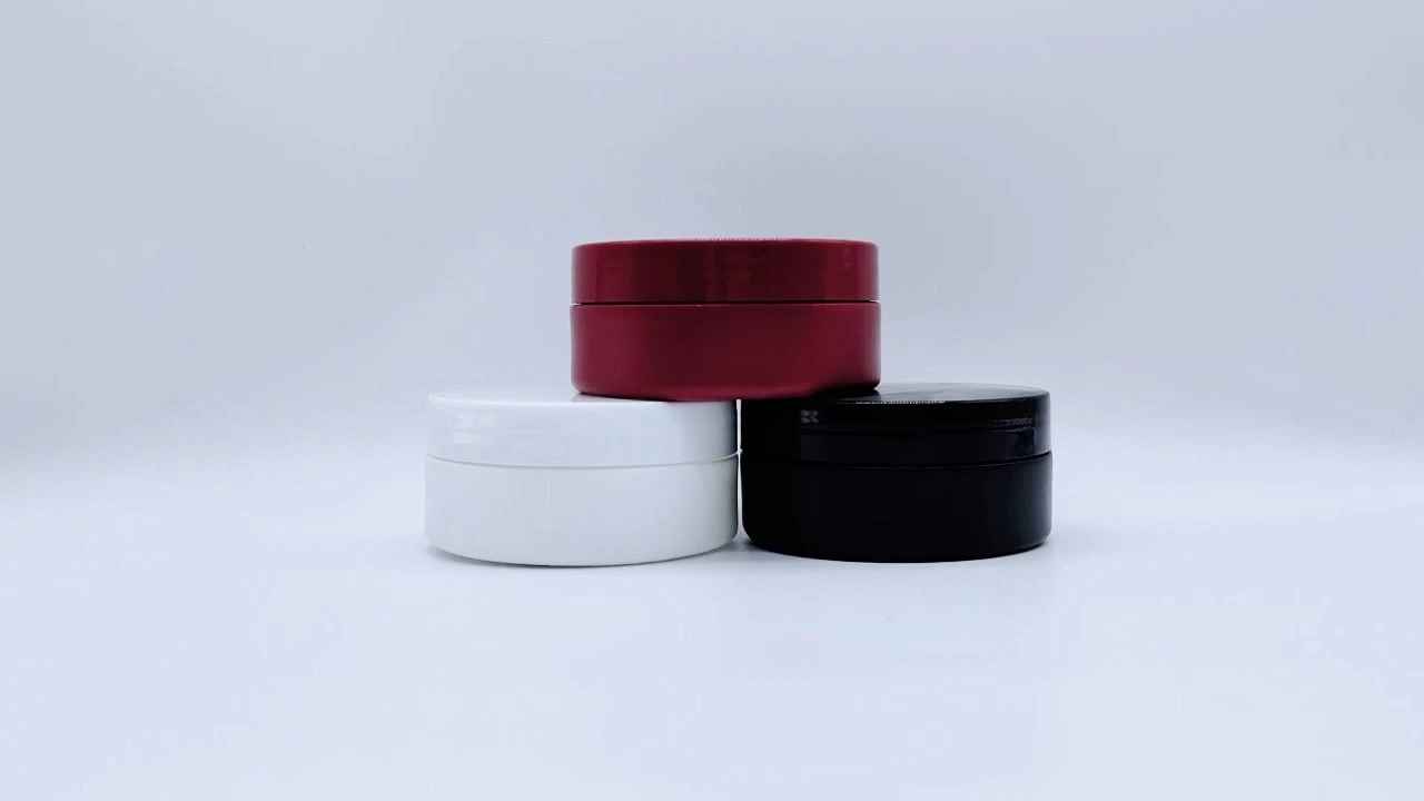 Glamorous 180g red/black/white PE flat round hair care jars 1