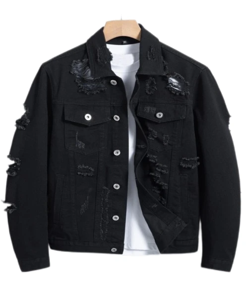 Men's Cotton Ripped Frayed Flap Pocket Plain Dark Denim Jacket 1