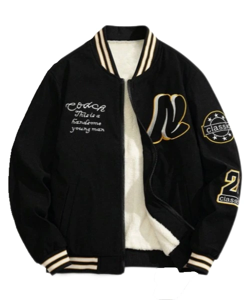 Men's Letter Bomber Jacket with Fleece Lining for Casual Warmth 1
