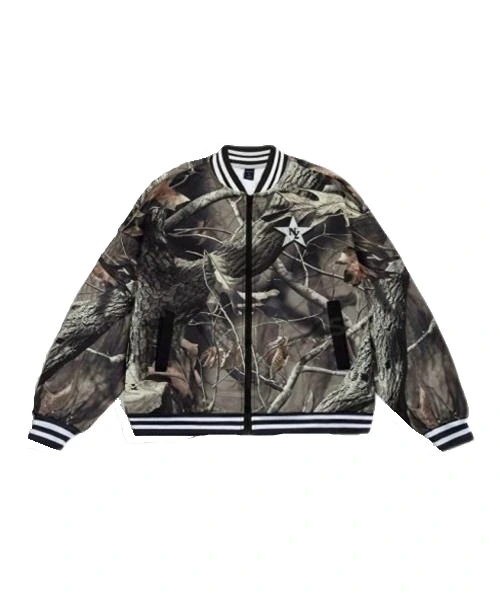 Men's Camo Branch & Letter Print Bomber Jacket - Multicolor Dropdown Pattern 1