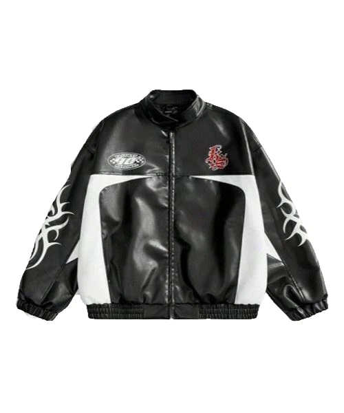Chaqueta bomber de cuero PU con estampado de letras Racing para hombre, manga larga, corte holgado 1