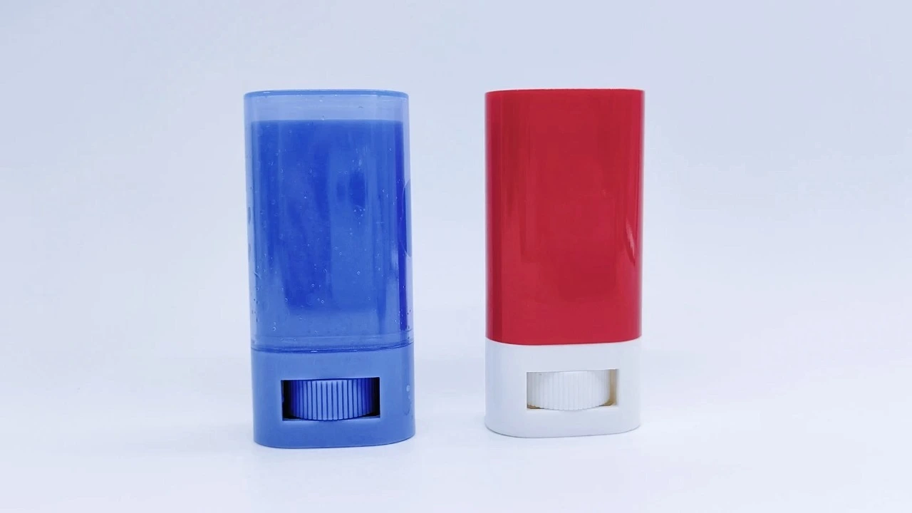 Desodorante en barra con bloqueador solar de plástico azul/rojo glamuroso de 20 g, envase ovalado y plano, en roll-on. 1