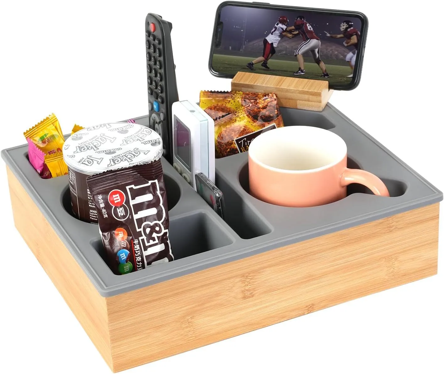 Porte-gobelet de canapé en bambou, caddie de canapé en bambou pratique en Silicone avec support de téléphone rotatif 1