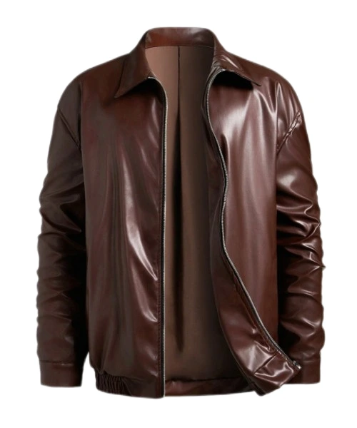 Collar Turn-Down PU Leather Zipper Men's Casual Long Sleeve Jacket 1