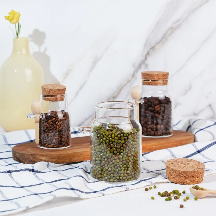 Mantar Kapaklı ve Bambu Kaşıklı 250ml Yüksek Borosilikat Cam Baharat Kavanozu 1