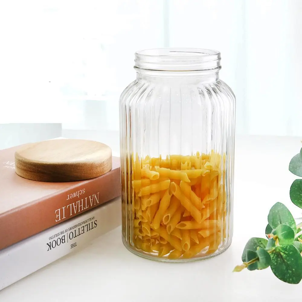 Pot de stockage en verre domestique de 1300ml, couvercle en bois, pot de stockage des aliments personnalisé, cuisine 1