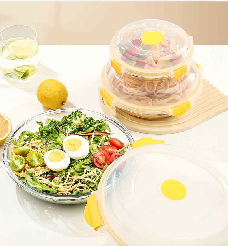 Vendita calda Vetreria Contenitori per alimenti da cucina Contenitori per alimenti durevoli in vetro borosilicato Insalatiera per alimenti Set da 3 pezzi 1